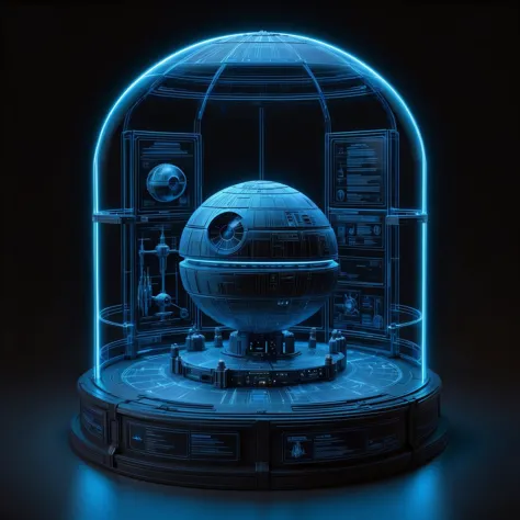 glowing blue 3d wireframe of the death star in a round display case, starwars <lora:DisplayCaseXL:0.6> <lora:EnvyScifiWireframeX...