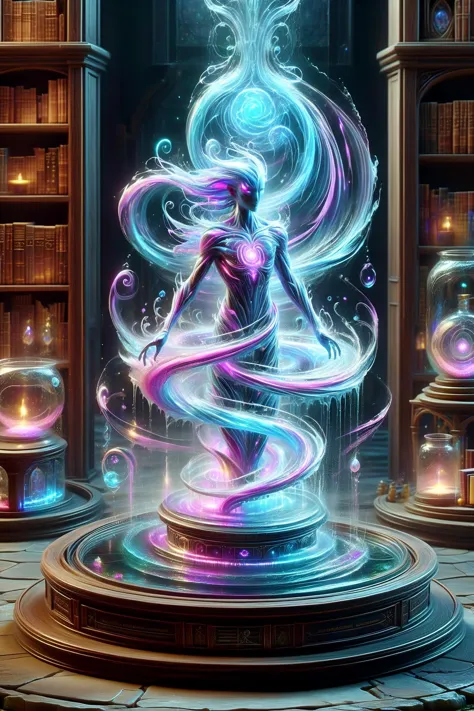 a woman standing in front of a bookcase with a glowing orb