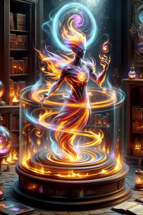magic circle creating a round translucent arcane force field of a fire elemental in a wizard alchemy lab with potions and books ...