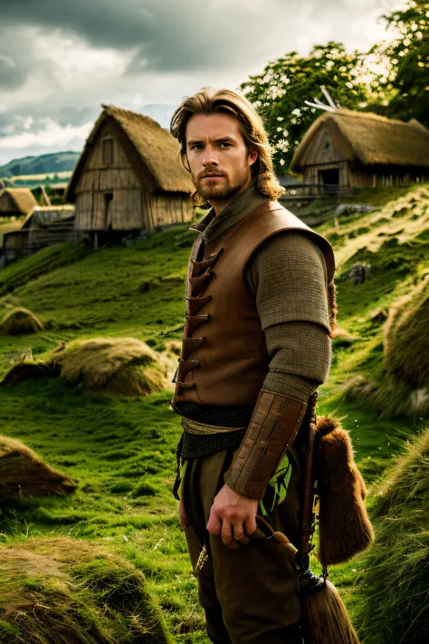 fanse, village, portrait, full body, male, hunter, peasants, wavy light brown hair, green eyes, huts in background,
side lighting,
Dramatic, cinematic,
(8k uhd), high detailed skin, RAW photo, realistic, skin texture, absurdres, high quality, film grain, HD, Sharp