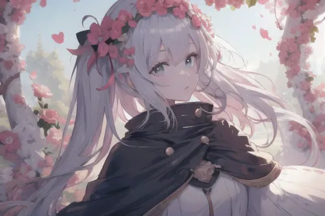 anime girl with long hair and a flower crown in a tree