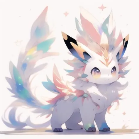 Crysdream, no humans, pokemon \(creature\), closed mouth, solo, star \(symbol\), smile, blush, full body, standing, white background, claws, fluffy, brown eyes, :3, animal focus<lora:Crysdream1.5v1-000002:1>