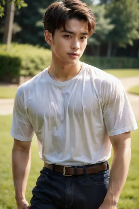 a man in a white shirt and black pants standing in a park