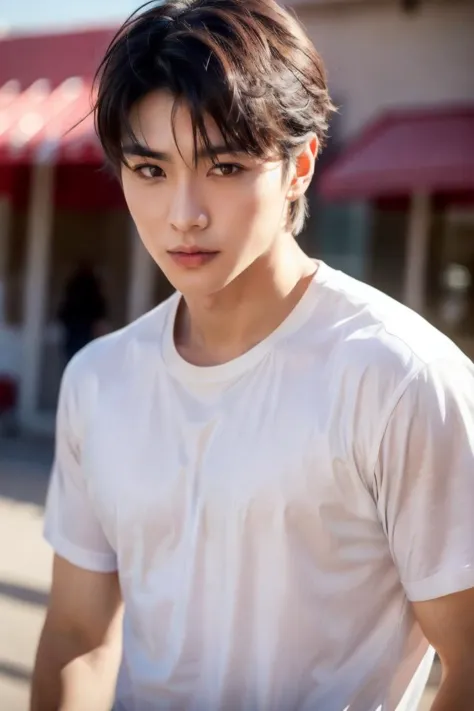 a close up of a person wearing a white shirt and a skateboard