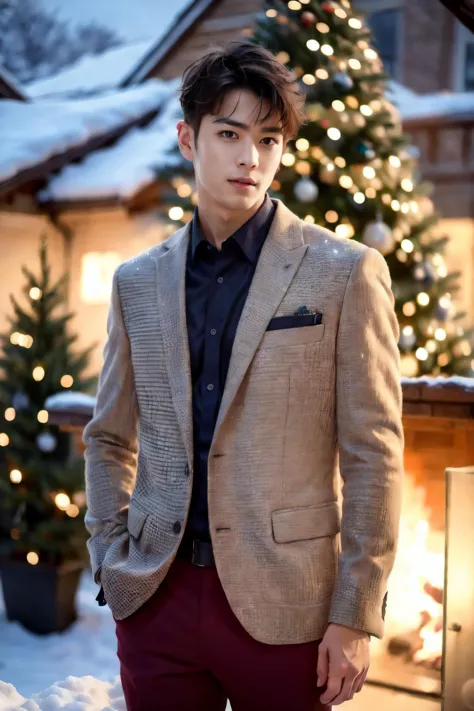 a man in a suit standing in front of a christmas tree