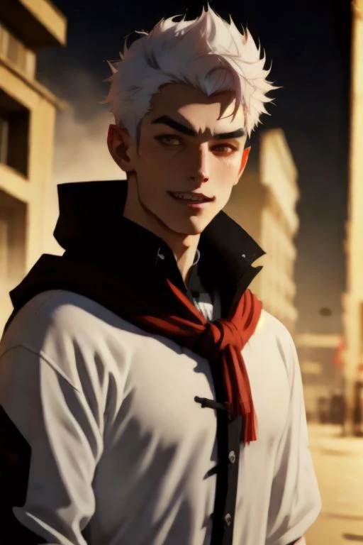 profpic, young teen vampire male, sharp teeth, evil wide grin, pale white skin, white hair, spiked hair like a porcupine, short hair, rogue, black cloak, raggedy dirty clothes, clothes on, red eyes,