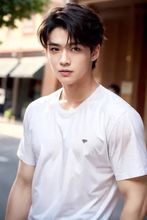 a close up of a person standing on a street with a white shirt