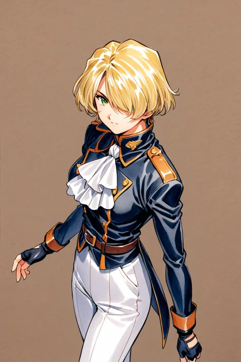 MariaTachibana,1girl,solo,blonde hair,hair over one eye,short hair,green eyes,military uniform,white ascot,long sleeves,belt,white pants,fingerless gloves,boots,standing,traditional media,gloves,pants,ascot,brown background,black uniform,simple background,black gloves,jacket,looking at viewer,<lora:Sakura Wars_XL_V2.1:0.8>,