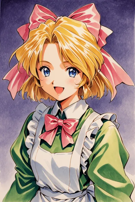 Iris Chateaubriand,1girl,female child,solo,blonde hair,blue eyes,pink bow,bow,1990s (style),hair bow,short hair,white apron,green dress,smile,open mouth,small body,traditional media,<lora:Sakura Wars_XL_V2.1:0.8>,