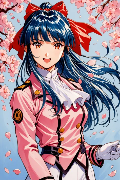 Shinguji Sakura,1girl,solo,cowboy shot,smile,open mouth,looking at viewer,upper body,blue hair,high ponytail,hair ribbon,red ribbon,red bow,ponytail,white pants,uniform,military uniform,pink jacket,white gloves,white ascot,cherry blossoms,traditional media,long hair,bow,hair bow,petals,jacket,ascot,military,brown eyes,orange eyes,<lora:Sakura Wars_XL_V2.1:0.8>,