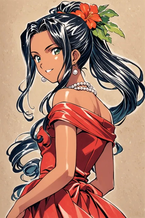 Soletta Orihime,1girl,solo,red dress,jewelry,black hair,green eyes,necklace,earrings,long hair,off-shoulder dress,dark skin,curly hair,ponytail,pearl necklace,dark-skinned female,flower,bare shoulders,hair ornament,looking at viewer,dress,hair flower,smile,off shoulder,upper body,looking back,parted lips,1990s \(style\),traditional media,<lora:Sakura Wars_XL_V2.1:0.8>,