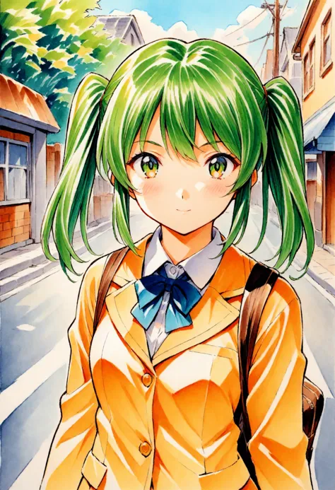 1girl, solo, school uniform, outdoors, street,green hair,twintails,  traditional media,, masterpiece, best quality,Highly detailed,