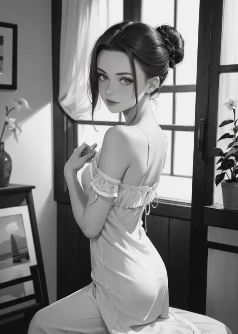 1930's  photograph  of  19 y/o woman   jp-april-v2-350, Chignon bun, porcelain complexion , Bias-cut nightgown in silk, adorned ...