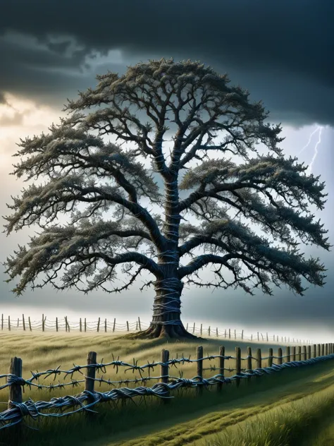 A robust oak tree in a serene field, its trunk wrapped in ral-barbwire, a storm brewing in the sky 