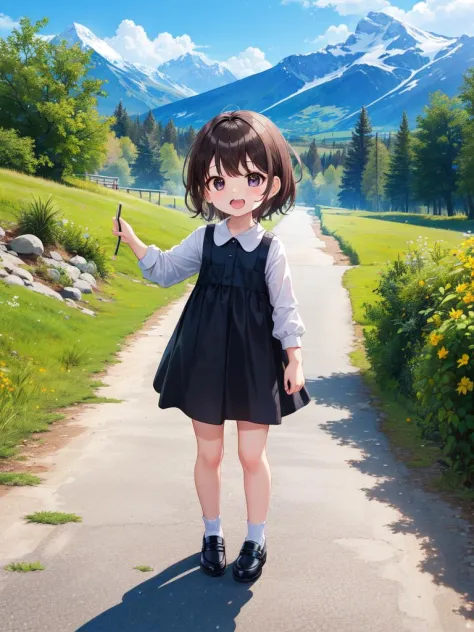 (((picture-perfect))) (dark brown hair, very short hair, black eyes, toddler-sized child, alps in background, 1girl, solo, full ...