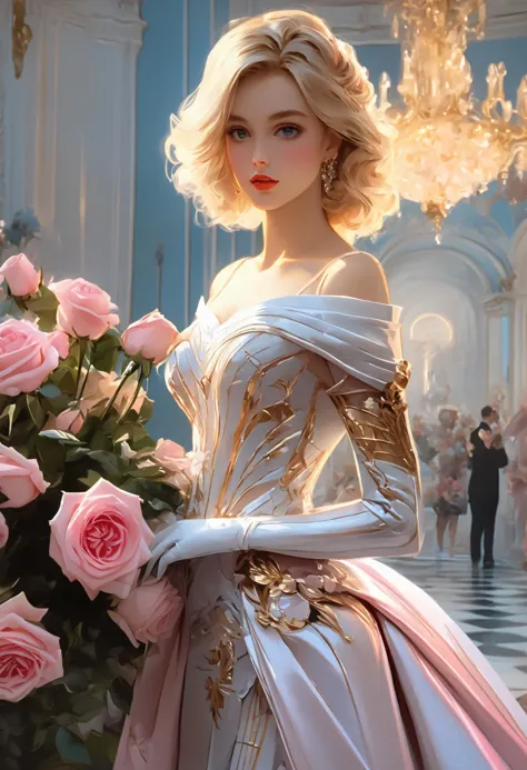 full body, 32K,amazing 19yo kelly bundy, Rubens, Baroque, classical oil painting, oil painting,painting pink roses in white vase by maureen hansen, in the sci-fi style of anna razumovskaya, detailed and intricate compositions, light yellow and pink, anatoly metlan, time in space celebration, 8k, jessie arms botkefenhong , banquet, demostration of beauty and power all together, james bond movie theme,modern like, cybernetic, neon tattoo on her shoulder, possessed by the mystical magic of time travelling, future, hyperrealistic, absurdres, cinematic,