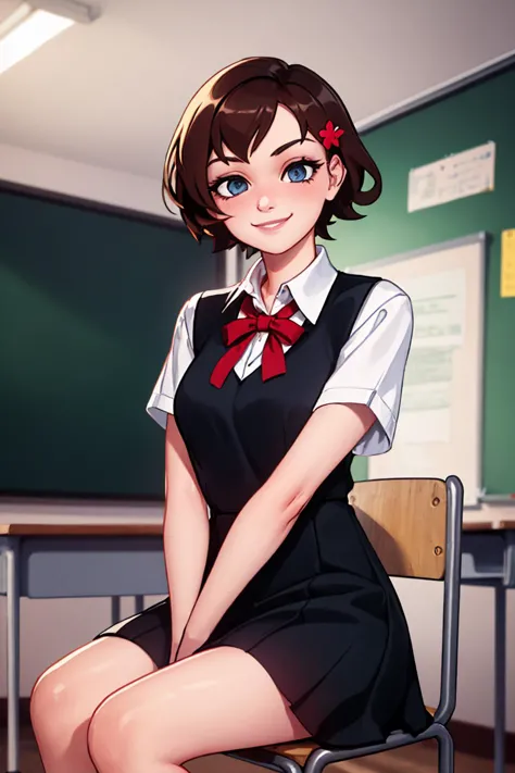 anime girl sitting on a chair in a classroom with a blackboard