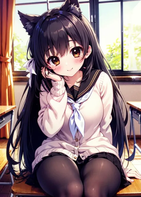 anime girl sitting on a chair with her hand on her chin