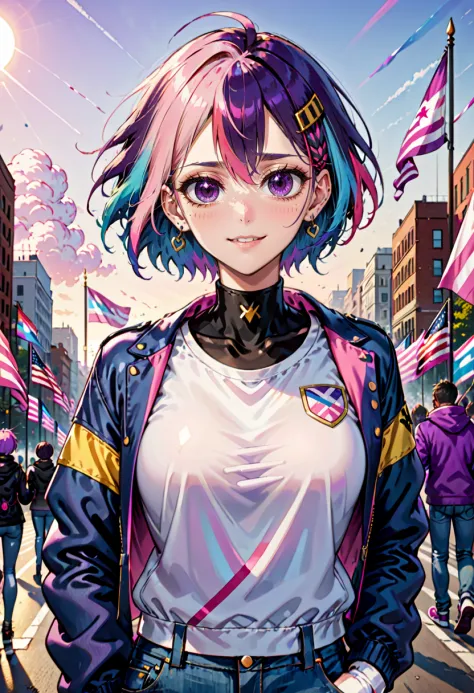 AgendaMix Style, 1girl, belt, blue hair, blue jacket, blue pants, choker, denim, earrings, flag, gloves, headband, holding, holding flag, jacket, jeans, jewelry, looking at viewer, open clothes, open jacket, outdoors, pants, parted lips, purple eyes, shirt, short hair, multicolored hair, pink hair, sky, smile, solo, torn clothes, torn pants, white gloves, white hair, white shirt, (flat colors, retro anime, transgender pastel colors)