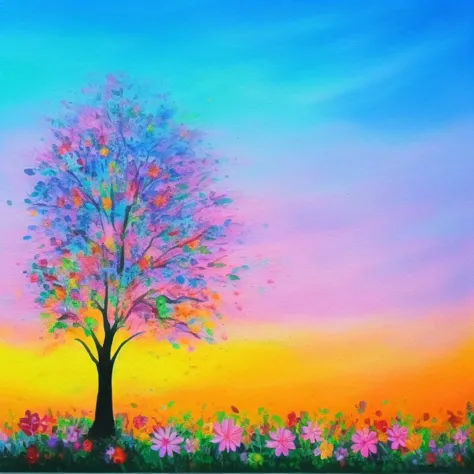 painting of a tree with colorful leaves and flowers in a field