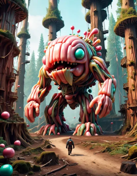 a man riding a motorcycle down a dirt road past a giant monster