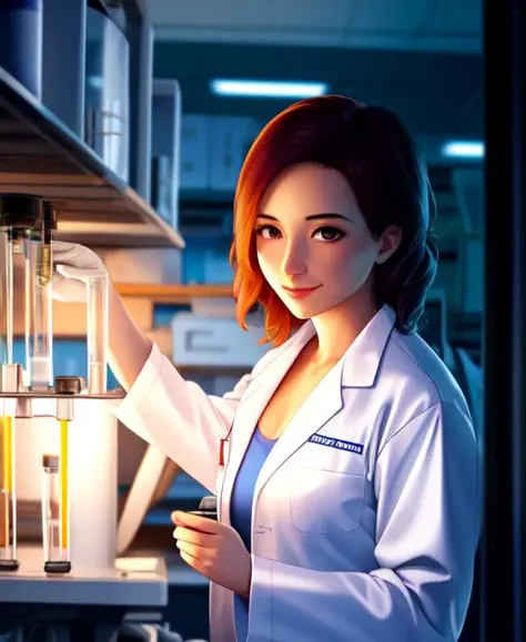 a sexy female scientist in a white lab coat working in a cluttered laboratory