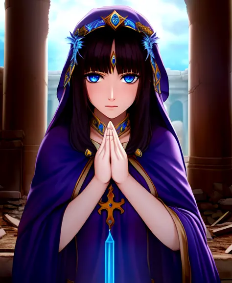 a fantasy priestess with dark hair and startling blue eyes, with her hands together in prayer, in a ruined temple, ultra high qu...