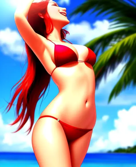 a young woman in a red bikini dancing enthusiastically on a tropical beach, realistic, 4K HD