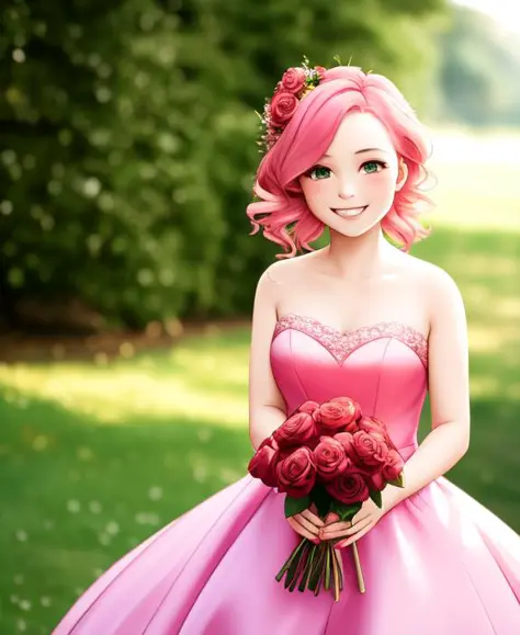a girl wearing a ball gown and holding a bouquet of roses, cheerful smile, pink hair