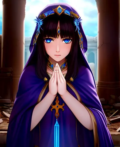 a fantasy priestess with dark hair and startling blue eyes, with her hands together in prayer, in a ruined temple, ultra high quality
