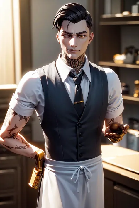 (((a man looking serious, wearing an white  apron with heart stitching, standing in a kitchen))) (upper body), high detail skin, high detail eyes, high detail hair, highres, ultra detailed:1.2, detailed pores, imperfect skin:1.2, detailed reflective shiny skin, diffused skin pores,sharpen picture, Highly detailed, masterpiece, best quality <lora:MidasLoRA:0.7> midas, with, tattoos, scar, and, vest, tie, ((right eye missing white)), golden hands,  <lora:Better Hands-beta2:1> realistic, fingernails, fingers