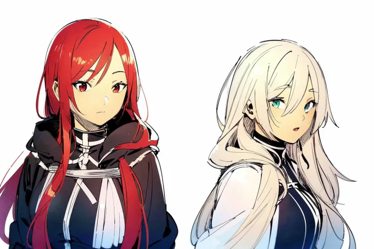 two anime girls with long red hair and blue eyes