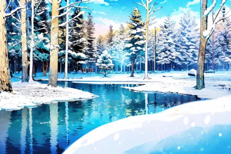 snowy scene of a river in a forest with trees and snow