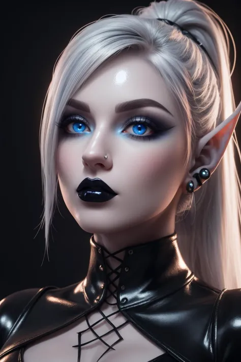 ((best quality)), ((masterpiece)), CGI, (3d render:1.3), RTX on, beautiful features, 8k, subsurface scattering, specular light, highres, octane render, ray traced, highest quality, stunning, extreme high quality, a very attractive adult elf woman, elf ears,  ((blue eyes)), (glossy skin:1.2), shiny skin, (pores), white hair, high ponytail, realistic eyes, realistic eye pupils, ((goth:1.3)), (goth make up, gothic), perfect lips, lip filler, ((heavy make up)), ((looking at viewer:1.3)), black latex outfit