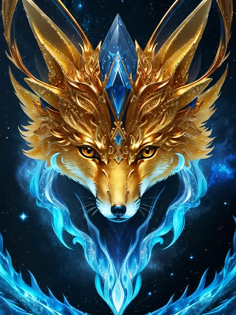 masterpiece, intricated details, fantasy, (golden fox:1.3), ice elemental, magic, luminescence of space theme, stardust, space, ...