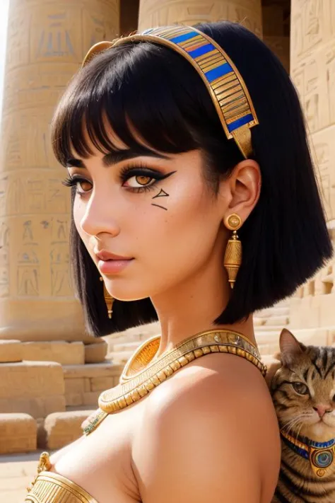 Highest quality, masterpiece, medium closeup shot, RAW photo, of (elegant ancient Egyptian woman with short hair, in Egyptian temple, with a fluffy cute cat), (psychedelia), ancient Egyptian attire, Cleopatra, (sphinx:0.6), (pyramids:0.7),  (highly detaile...