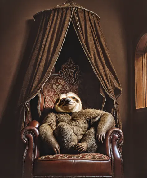 artistic photograph of sloth lying in an armchair, grotesque, (full body shot), (centered), high resolution, hyperdetailed, insane details, soft lighting, film grain, dada style