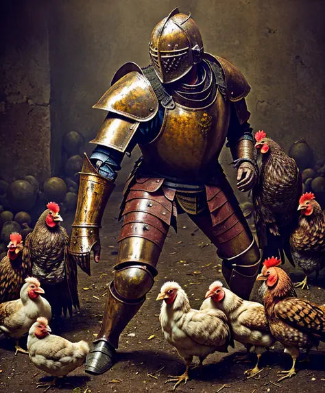 artistic photograph of decrepit knight in a rusty armor fighting chickens, dynamic composition, grotesque, (full body shot), (centered), high resolution, hyperdetailed, insane details, soft lighting, film grain, dada style