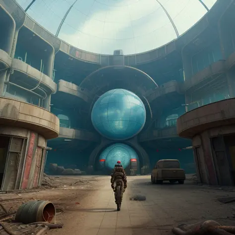 High Detail RAW color cinematic film still photography of a (post-apocalyptic:1.3) wasteland landscape with a city inside a dome which is a (Atompunk:1.3) Dystopian [sci-fi] 1950s American suburb, (highly detailed, fine details, intricate), photographed on...
