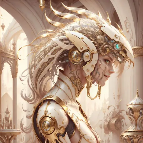 <lora:style_mechanimal:0.7>, <lora:style_ivorygold:1>, epic fantasy illustration, beautiful cyborg woman, ivory and gold, sexy, ...