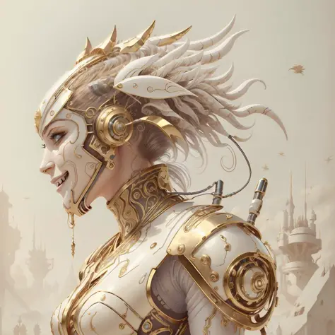 <lora:style_mechanimal:0.7>, <lora:style_ivorygold:1>, epic fantasy illustration, beautiful cyborg woman, ivory and gold, sexy, smile, sleek clean sci-fi