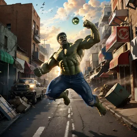 hulk, angry, photorealistic full-body shot, leaping through the air, streets, day, dynamic composition, dramatic lighting, intricate details, masterpiece, absurdres, best quality, realistic, Highest Quality, (diffused soft light), dramatic lighting, highly...