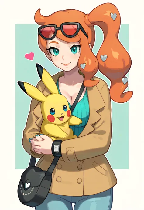 score_9, score_7_up BREAK solo,EPpkSonia,orange hair, side ponytail, aqua eyes, long hair, eyewear on head, sunglasses, heart hair ornament,ribbed shirt, aqua shirt, brown coat, strap between breasts, cleavage, bracelet, collarbone, blue pants, shoulder bag, long sleeves, nail polish, aqua nails,pikachu,pokemon \(creature\),hugging,happy <lora:EPpkSonia:0.8>