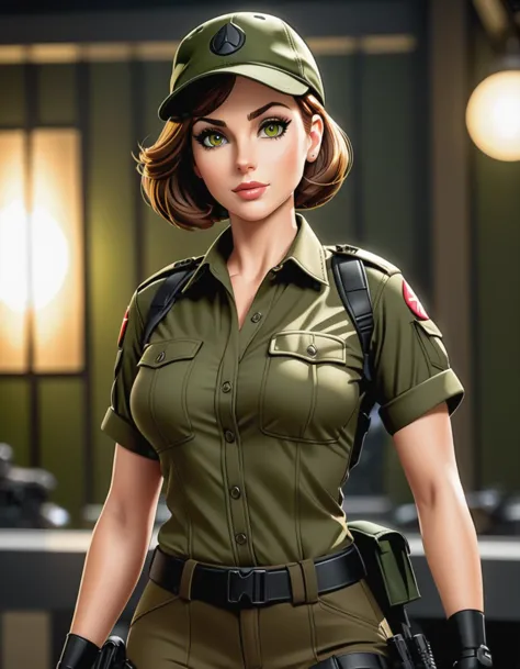 a photo of Lady Jay from GI Joe, as a Caucasian buxom female, short brown hair, brown eyes, OD Green pocketed shirt, (black tactical ballcap), realistic photo, photograph, full body shot, best quality, masterpiece, HDR, 8K, UHD, soft lighting, crisp, clear, clean, highly detailed, detailed eyes