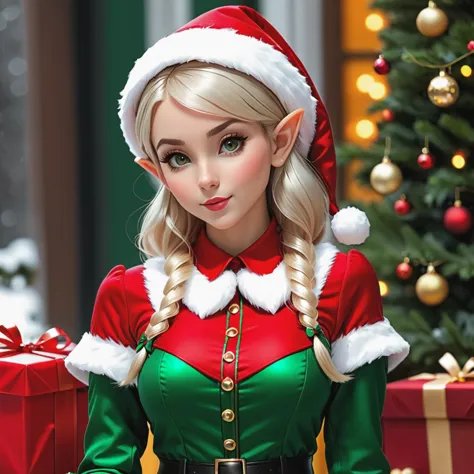 a photo of a female Christmas elf, holiday outfit