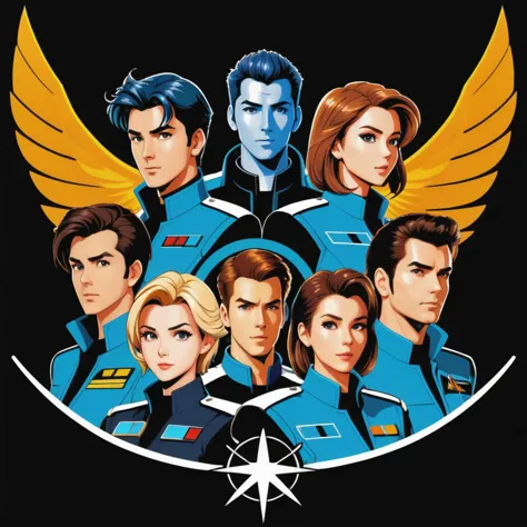 Wing Commander style, sci-fi pilots, group shot, team, action pose, random hairstyles, 1980 anime style, (cartoon), t-shirt design, logo, vector graphic, simple and smooth, no background, random shape outline, center of frame