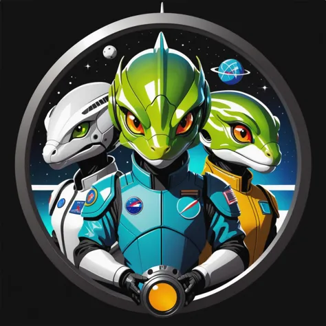 Space Station Zero, sci-fi, futuristic, group shot, lizard aliens, t-shirt design, anime style, cartoon, logo, vector graphic, simple and smooth, no background, circle outline