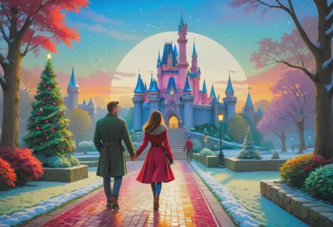 an illustration of a couple strolling through a park, neo-mosaic technique:0.5, accentuating Christmas color hues, large canvas, atmosphere bathed in enchanting romantic light, reminiscent of colorful dreams, reflective stone walkway, Disney castle in distance, Christmas decorations, glowing color palette, ultra fine digital painting,<lora:xl_more_art-full_v1:0.4>, best quality, masterpiece, HDR, 8K, UHD, soft lighting, crisp, clear, clean, highly detailed, detailed eyes