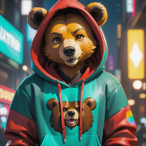 a close up of a person in a hoodie with a bear on it