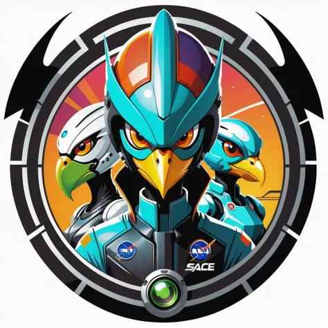 Space Station Zero, sci-fi, futuristic, group shot, anthropomorphic fierce Bird aliens, t-shirt design, anime style, cartoon, logo, vector graphic, simple and smooth, no background, circle outline, center of frame